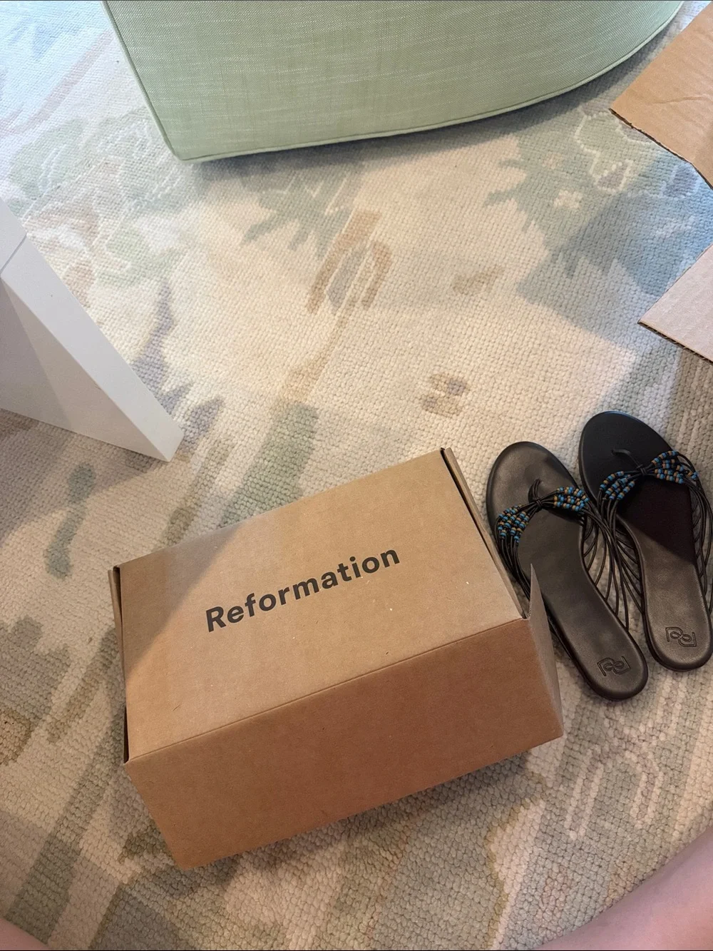 BRAND NEW, Reformation Jessica Flat Thong Sandal, Brown with Blue & Orange Beads